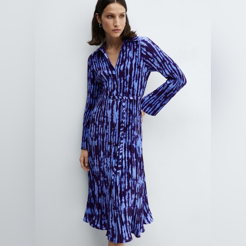 Mango blue belt shirt dress NWT
